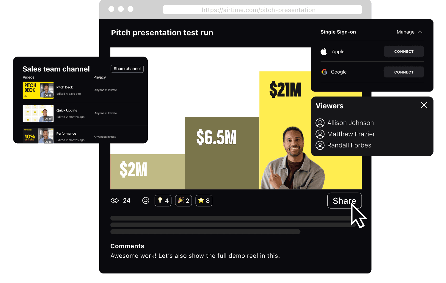 Pitch presentation interface showing revenue bars labeled $2M, $6.5M, and $21M, a presenter pointing at the chart, viewer list, sign-in options, and a cursor over a Share button