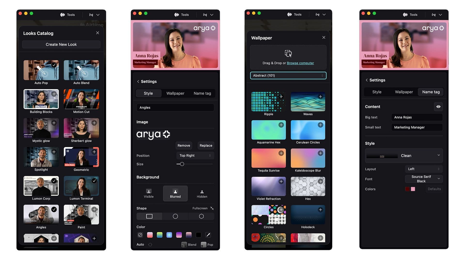 Four screens in Airtime Camera: the Looks catalog, Style settings, Wallpaper catalog, and Name Tag settings.
