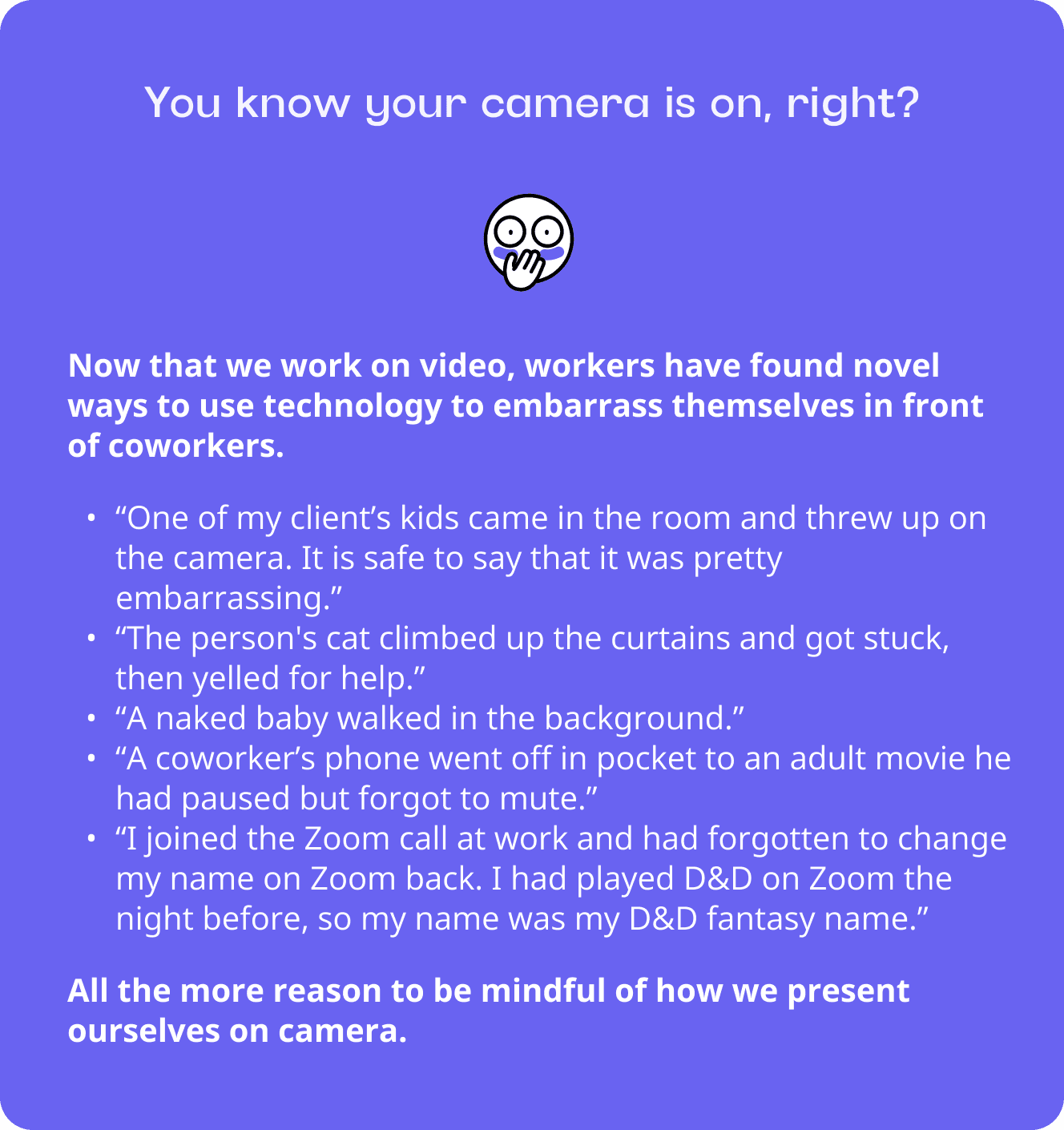 Graphic with stories about workers embarrassing themselves on camera.