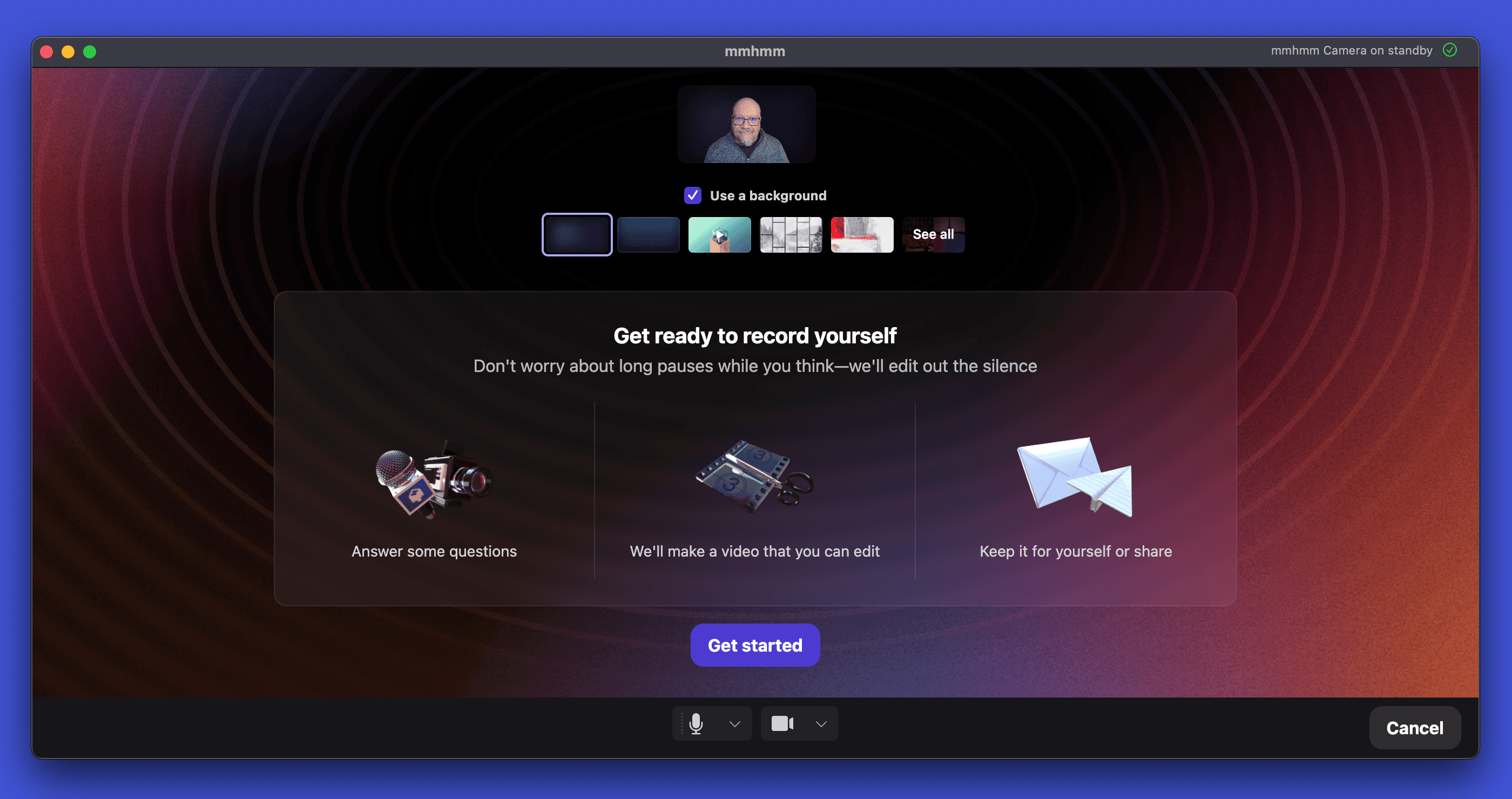 The "get ready to record yourself" screen in mmhmm's Questions feature