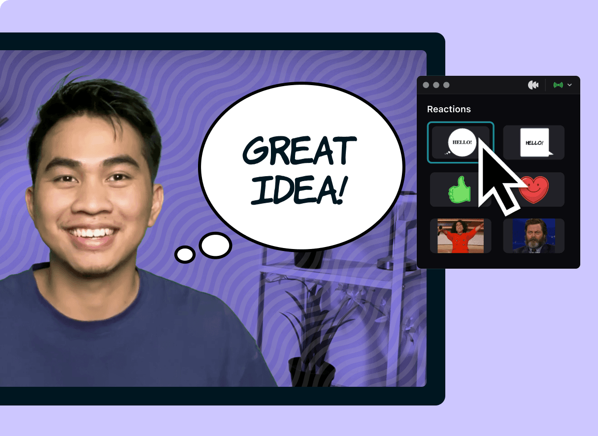 Presenter showing a cartoon balloon with 'Great Idea' written on it