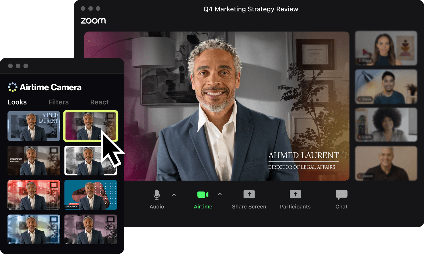 Airtime camera UI showing the custom look on Meets call